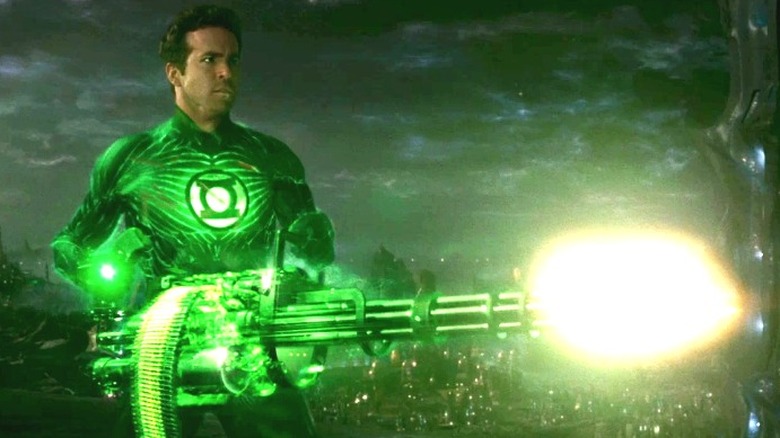 Hal Jordan shooting a minigun