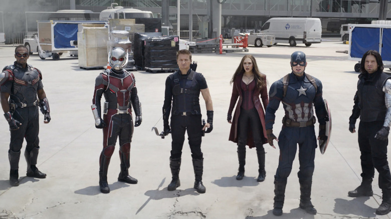 Falcon, Ant Man, Hawkeye, Scarlet Witch, Captain America, and The Winter Solider looking on