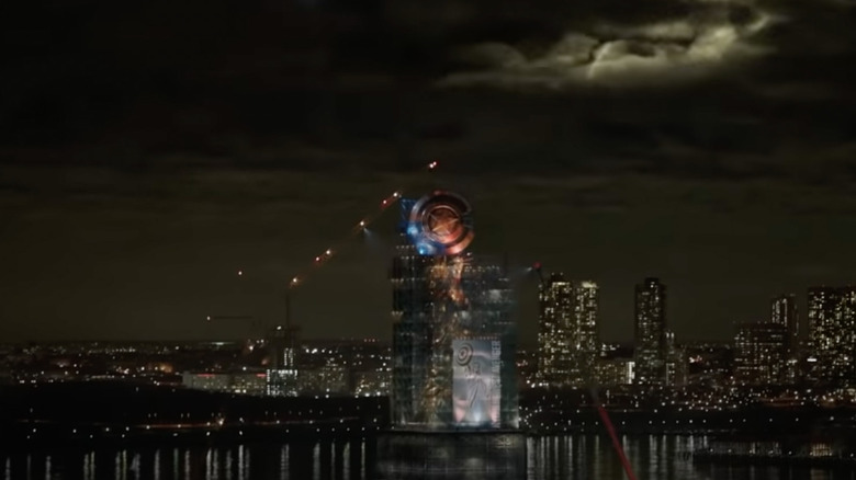 Statue of Liberty under construction with Cap's shield