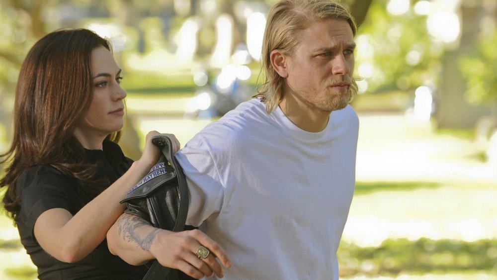 Charlie Hunnam as Jax Teller and Maggie Siff as Tara Knowles on FX's Sons of Anarchy