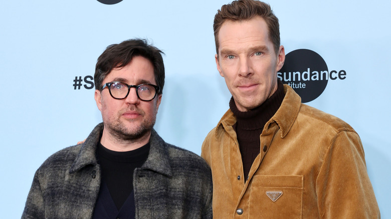 Dylan Southern and Benedict Cumberbatch posing at The Thing With Feathers premiere Sundance 2025