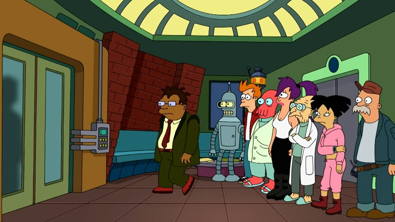 The Futurama cast in Planet Express lobby