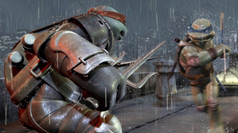 Teenage Mutant Ninja Turtles fighting in the rain