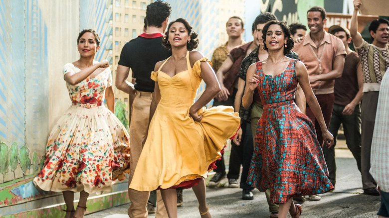 Anita and other girls dancing in the streets to America in West Side Story