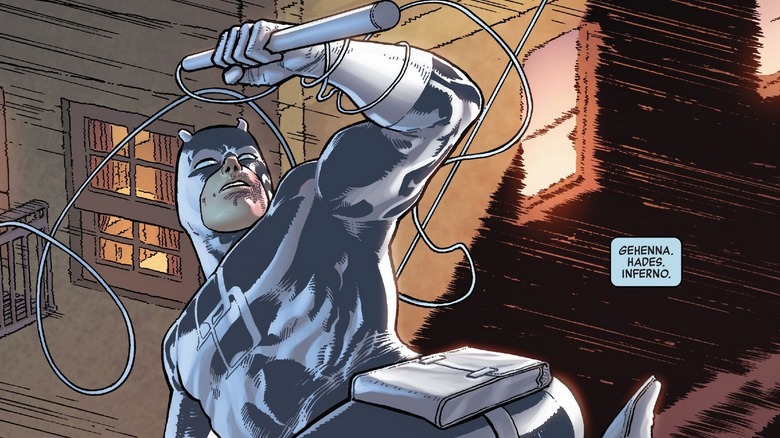 White-suited Daredevil swinging through the air