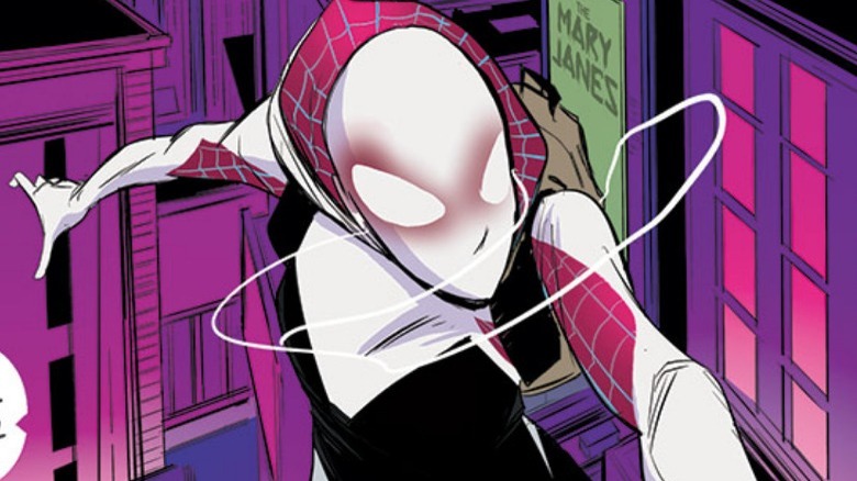 Spider-Gwen swinging through city