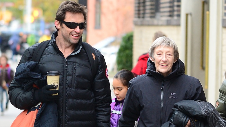 Hugh Jackman talking with mother