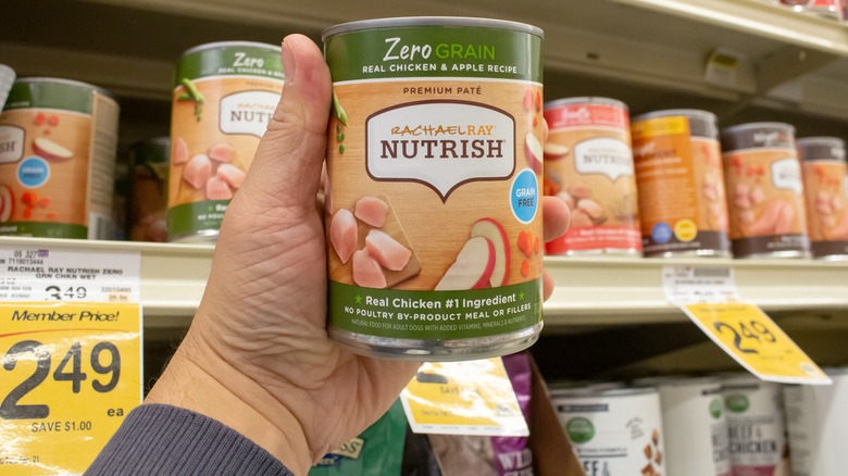 A person holds up a green-labeled can of Rachael Ray Nutrish dog food in a grocery store