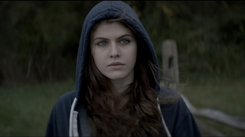 Alexandra Daddario wearing a hood 