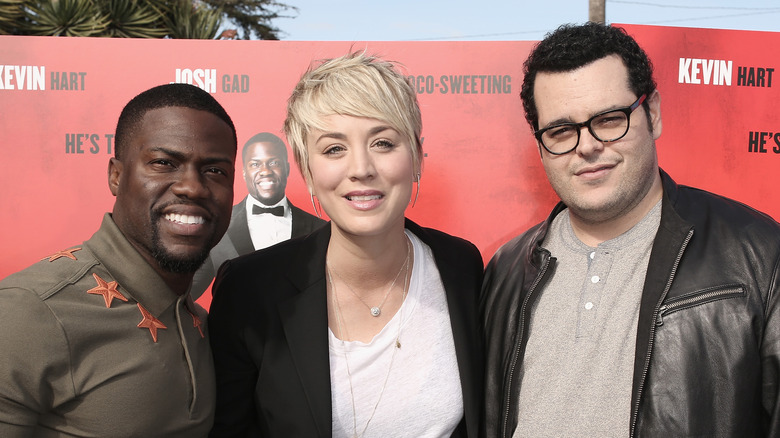 Kaley posing with Kevin Hart and Josh Gad at a premiere for "The Wedding Ringer"