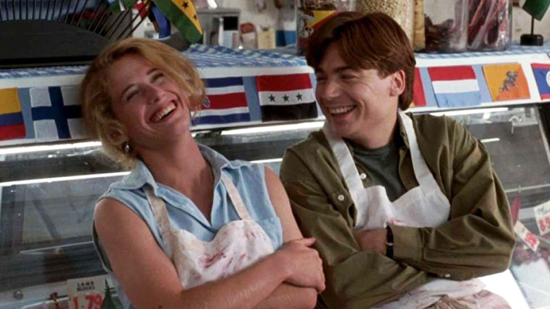 Mike Myers and Nancy Travis laughing in a scene from "So I Married an Axe Murderer"