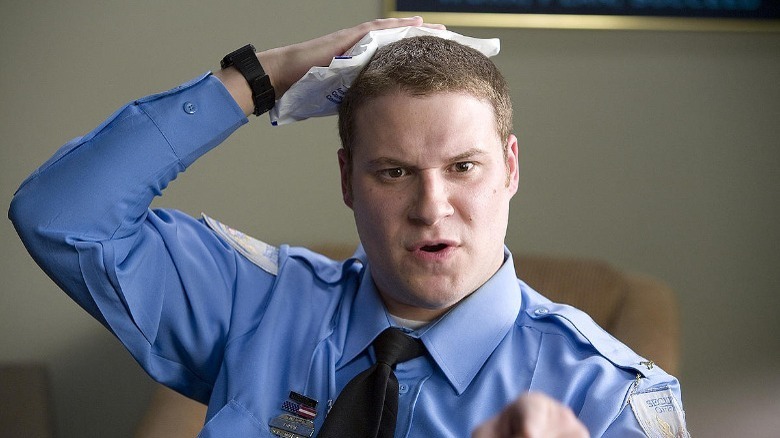 rogen in uniform, ice pack on head