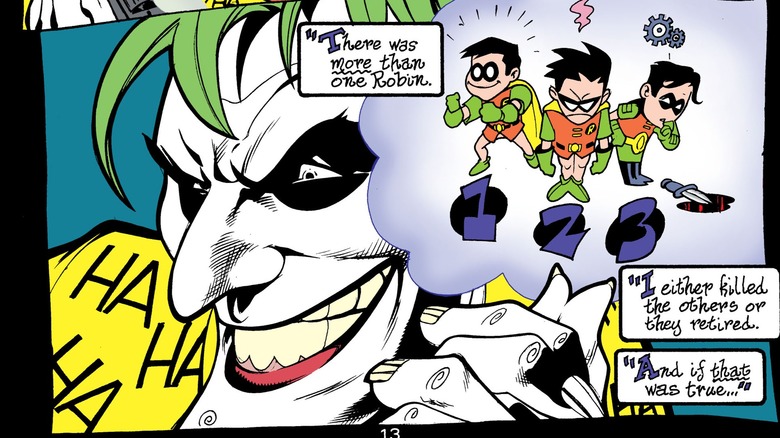 The Joker grinning as he imagines Robin