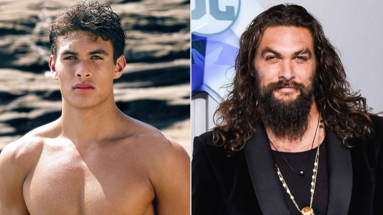 Side by Side of Jason Momoa in Baywatch Hawaii and at DC press event