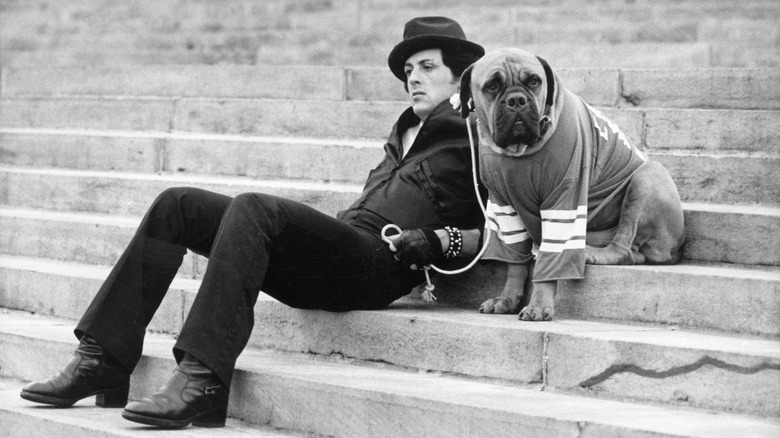 Rocky Balboa sitting with dog