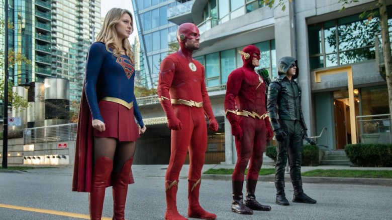 Supergirl, the Oliver Queen Flash, the Flash of Earth-90, and the Barry Allen Flash in 2018's CW crossover "Elseworlds"