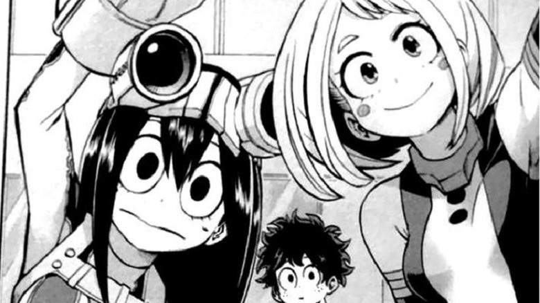 Manga drawing of Asui, Uraraka, and Midoriya