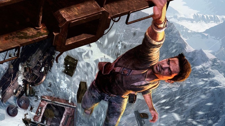 Nathan Drake dangles from Train