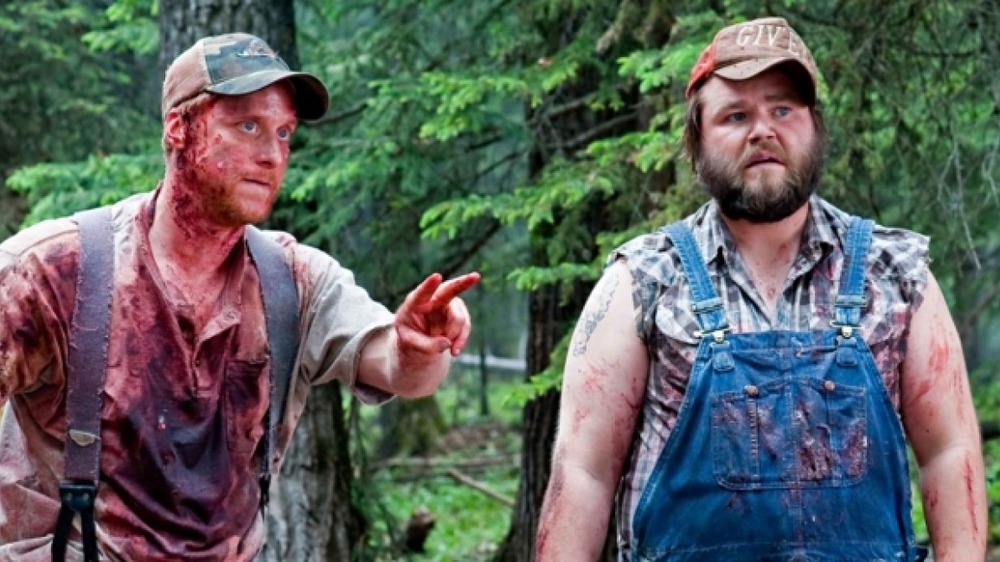 Tucker and Dale covered in gore