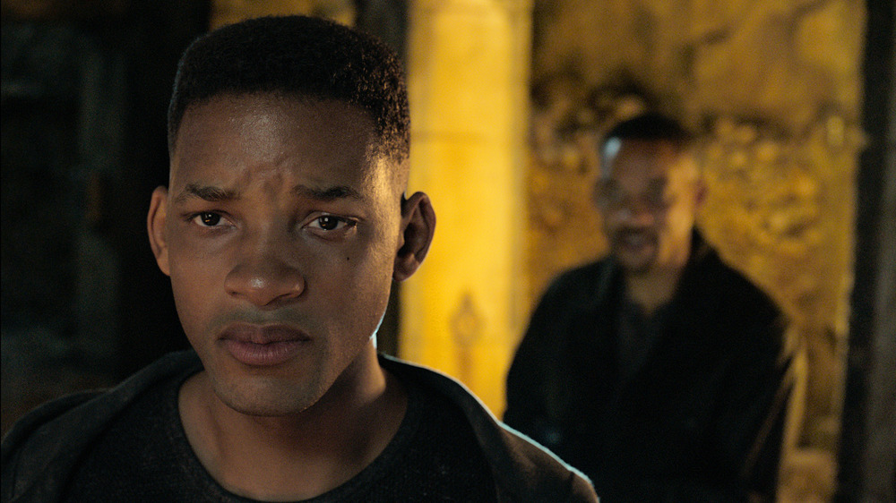 CGI Young Will Smith looking away from older Will Smith in Gemini Man