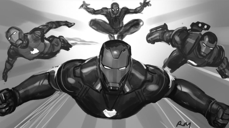 Iron Man, Rescue, Spider-Man, and War Machine flying 