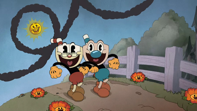 Cuphead and Mugman march with joy