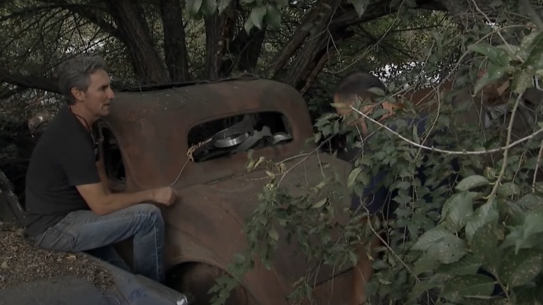 Mike Wolfe and Frank Fritz looking at a car in a tree