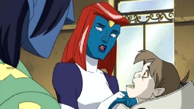 Mystique holding Toad's collar