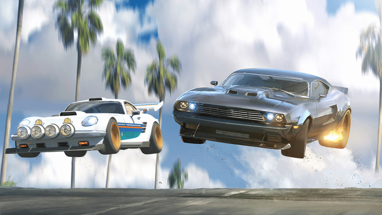 A pair of automobiles engaged in a race in a promotional image from Fast & Furious: Spy Racers