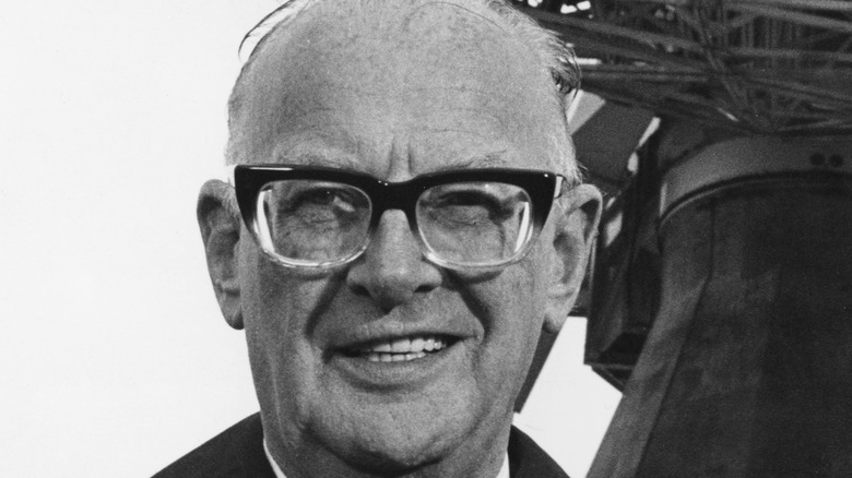 Author Arthur C. Clarke smiles in close-up