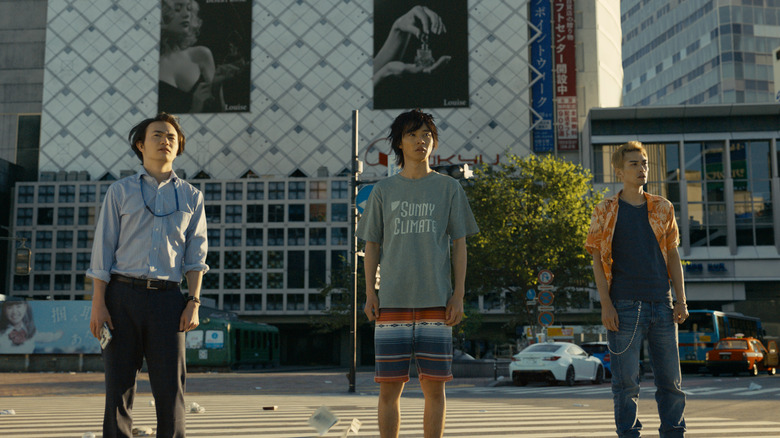 Arisu, Karube, and Chota at deserted Shibuya Crossing