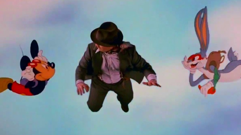 Mickey Mouse, Eddie, and Bugs Bunny falling in the sky