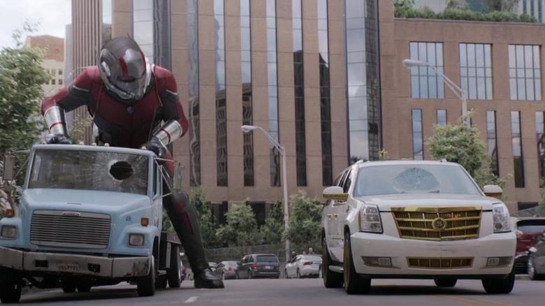 A gigantic Ant-Man in car chase