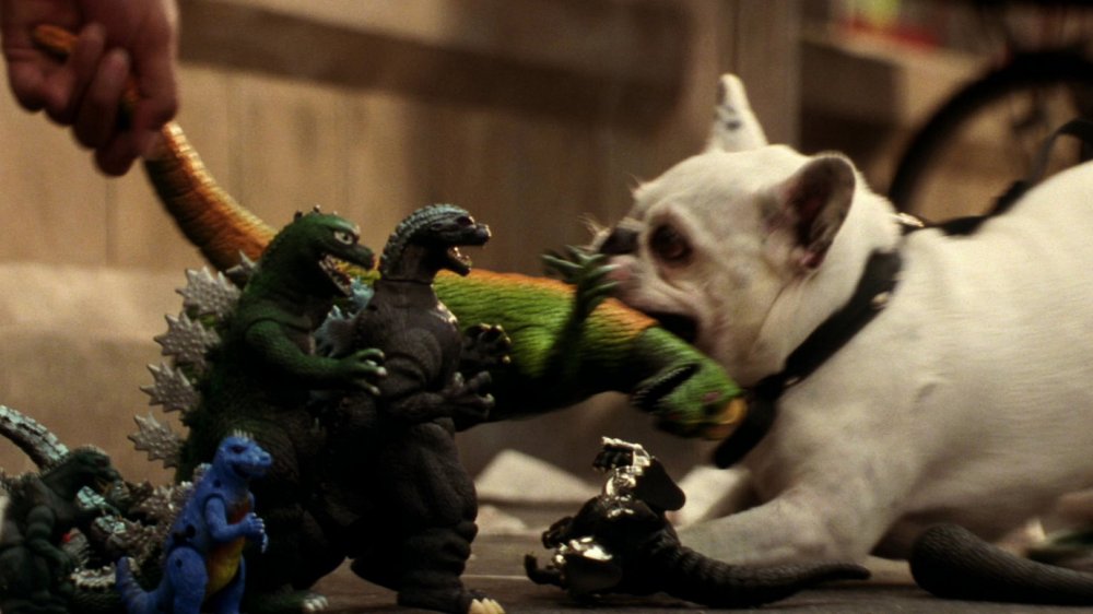 Franky the dog chews on a Godzilla toy