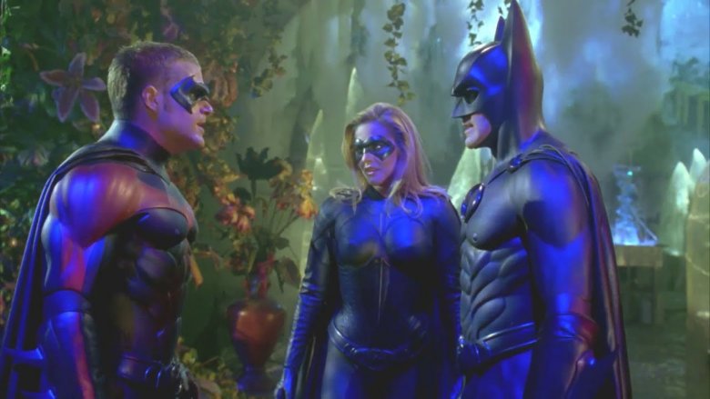 Alicia Silverstone, George Clooney, and Chris O'Donnell in Batman & Robin costumes