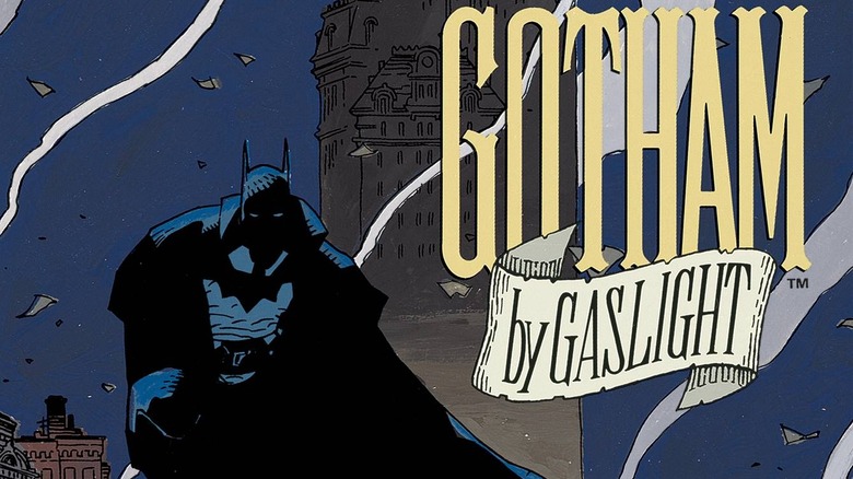 Batman crouches in shadow on the cover to "Batman: Gotham by Gaslight"