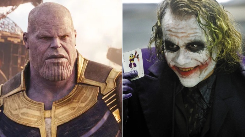 Thanos looks ahead; Joker holds a playing card