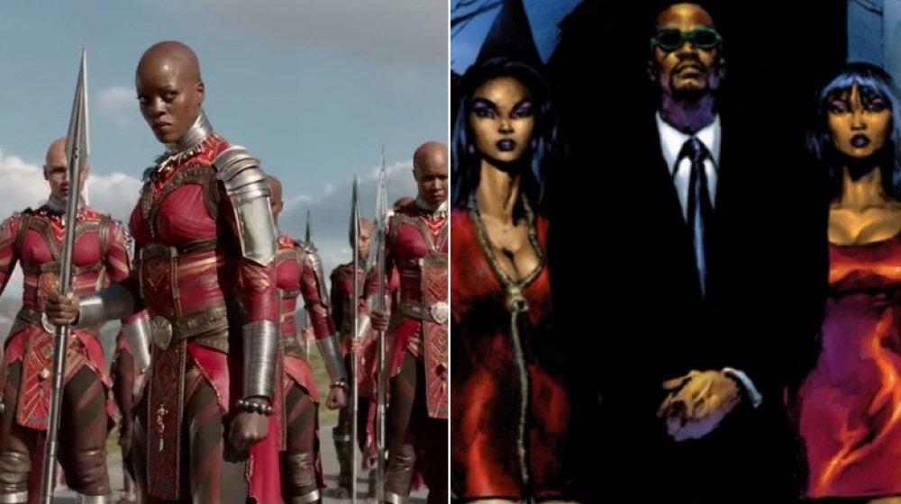 Split image of the Dora Milaje in the movie and the comics