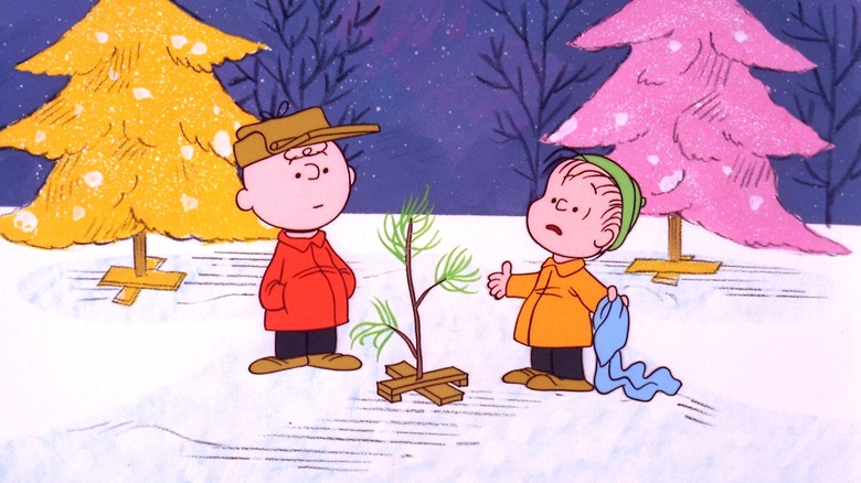 Charlie Brown and Linus inspecting Christmas tree