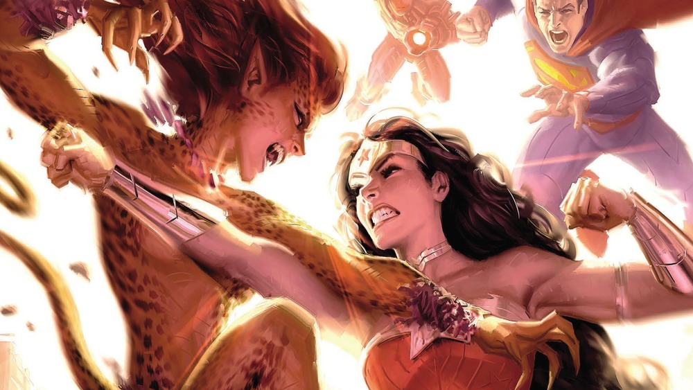 Cheetah fighting Wonder Woman and the Justice League, from DC Comics