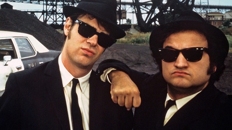 Dan Aykroyd and John Belushi in a promo photo for Blues Brothers