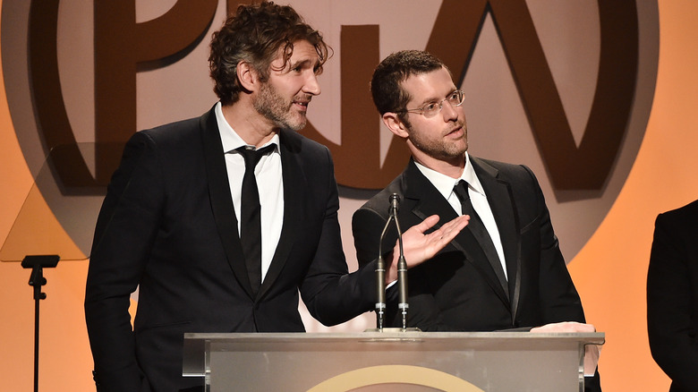 David Benioff gestures, with D.B. Weiss