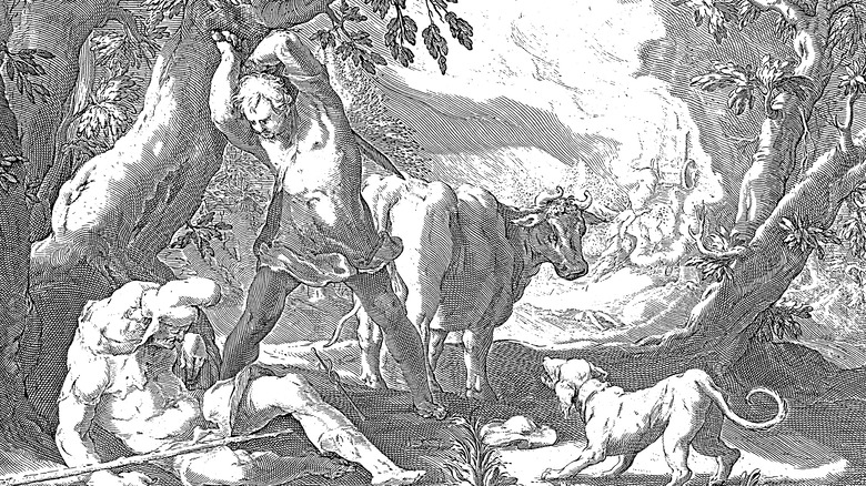 Hermes threatening Argus with sword