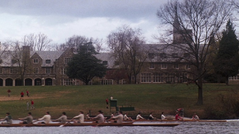 Crew team practicing rowing