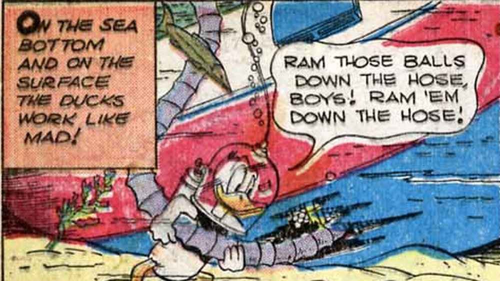 Donald Duck fills Uncle Scrooge's yacht with ping pong balls in a classic Carl Barks comic