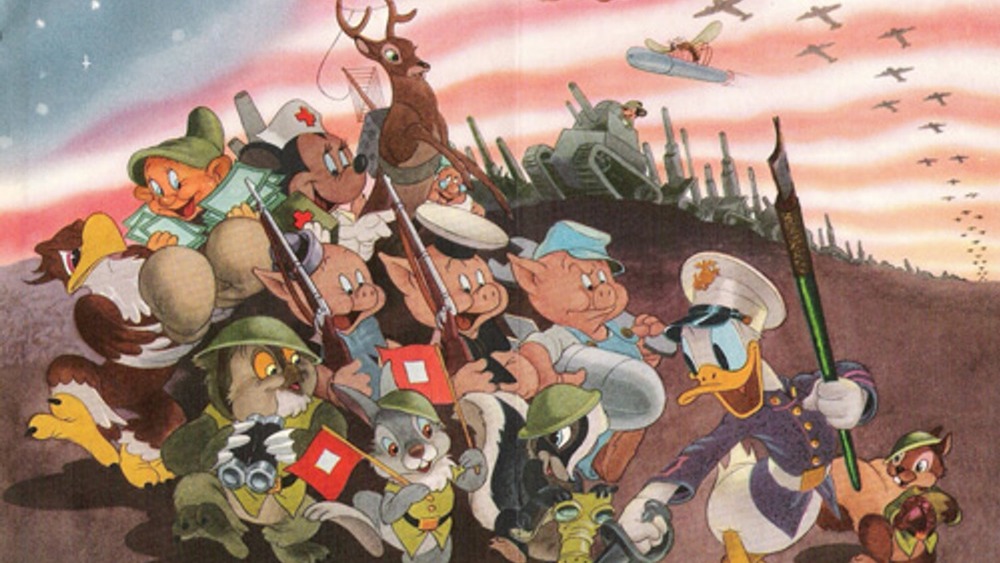 Donald Duck, Bambi, and other Disney characters march to war in a vintage poster