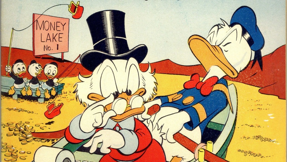 Uncle Scrooge and Donald Duck row through the money bin in a classic Cark Barks comic