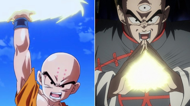 Krillin and Tien charge their signature attacks