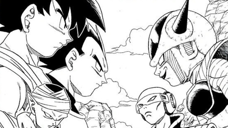 Goku, Vegeta and Piccolo stare down Frieza and Tagoma