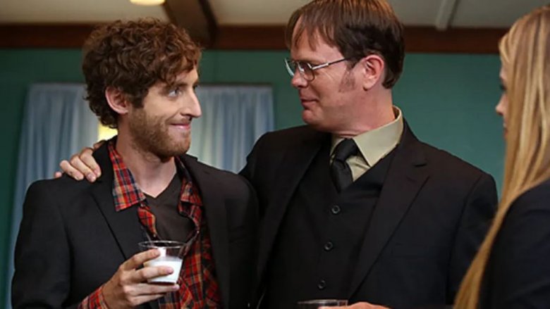 Thomas Middleditch, Rainn Wilson, and Majandra Delfino in The Office